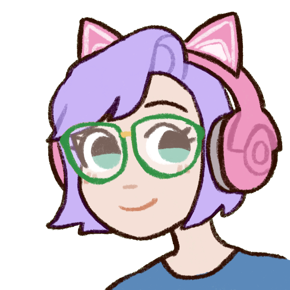 Art of Soup's portrait: she is wearing green glasses, has a short lavender bob, and is wearing a pink kitty cat gaming headset.
