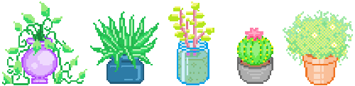 Pixel art of five different potted houseplants in a row.